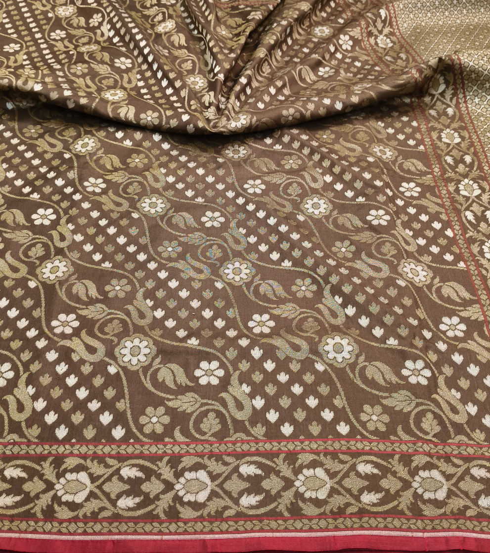 Brown pure katan silk ektara jamdani cutwork jaal banarasi saree