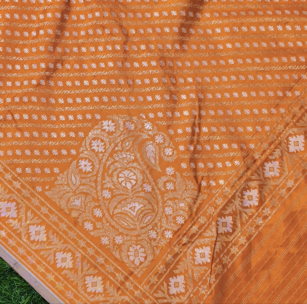 Orange pure katan silk ektara jamdani cutwork jaal banarasi saree