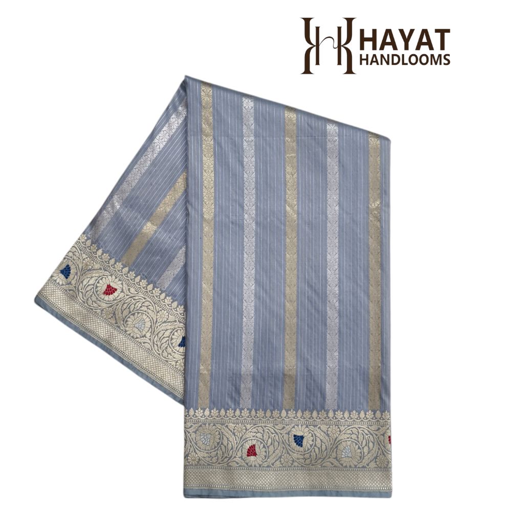 Grey pure katan silk handvowen banarasi saree