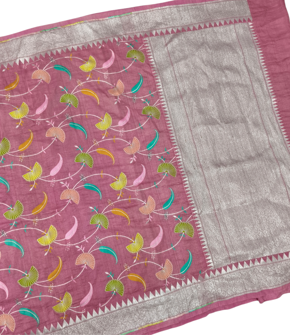 Dusty pink pure tusser georgette handloom banarasi saree