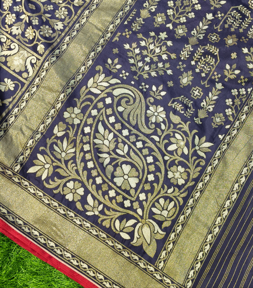 Navy blue pure katan silk ektara jamdani cutwork jaal banarasi saree