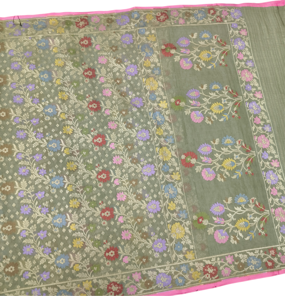 Olive pure cotton jamdani cutwork jaal banarasi saree