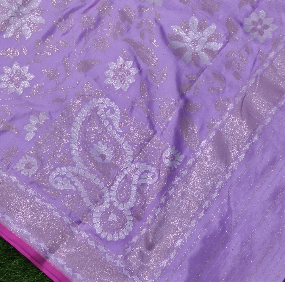Lavender pure katan silk ektara jamdani cutwork jaal banarasi saree