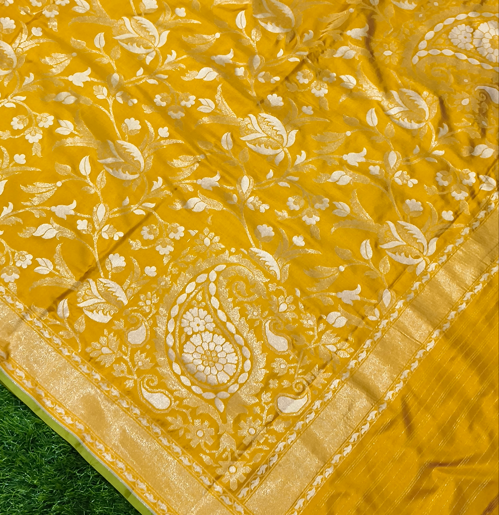 Mustard pure katan silk ektara jamdani cutwork jaal banarasi saree