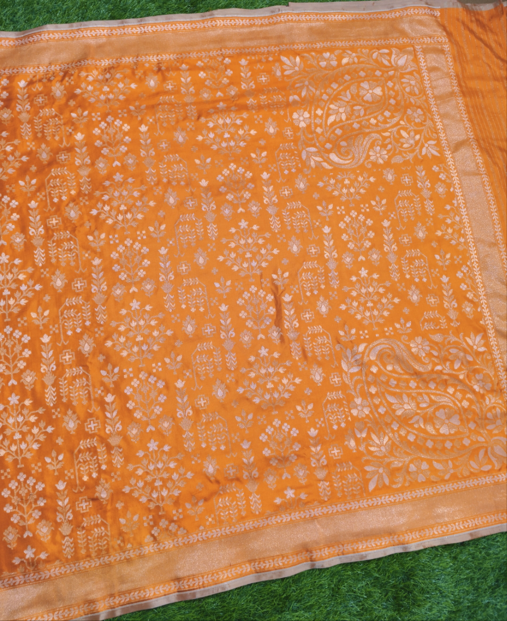 Orange pure katan silk ektara jamdani cutwork jaal banarasi saree