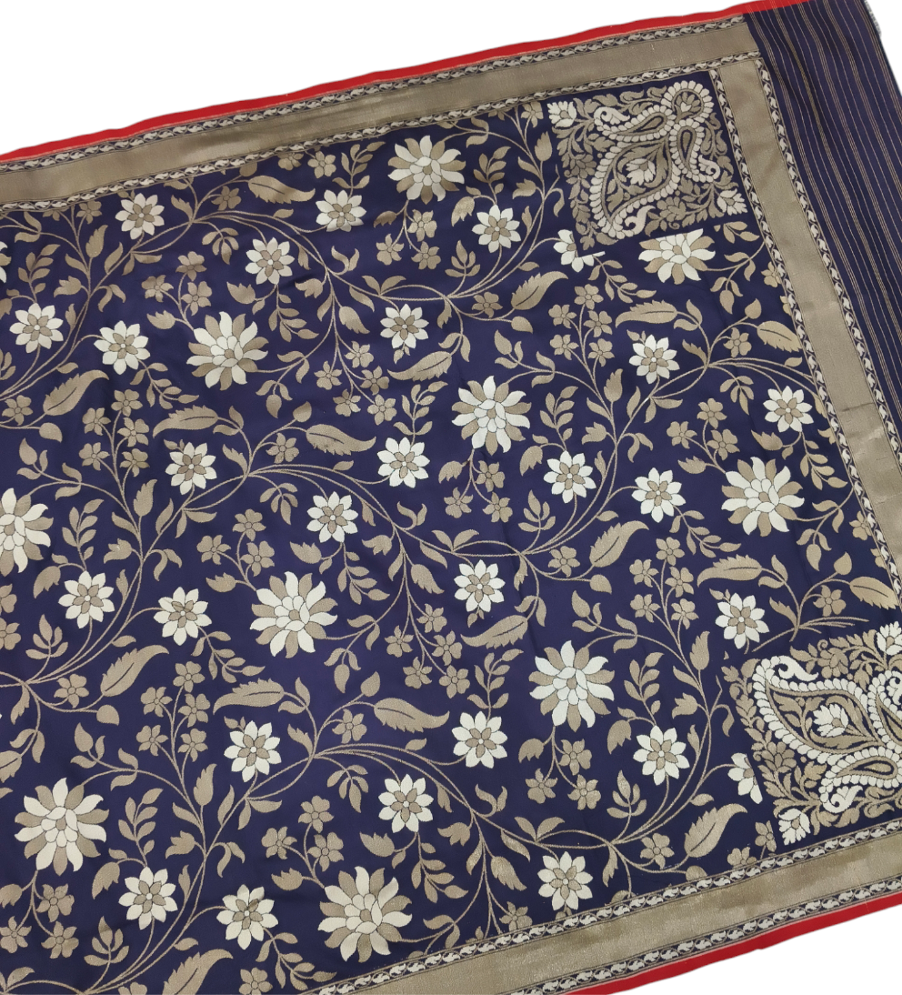 Navy blue pure katan silk cutwork jamdani banarasi saree