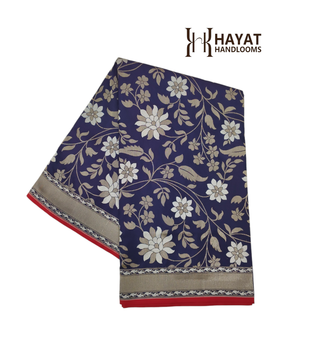 Navy blue pure katan silk cutwork jamdani banarasi saree