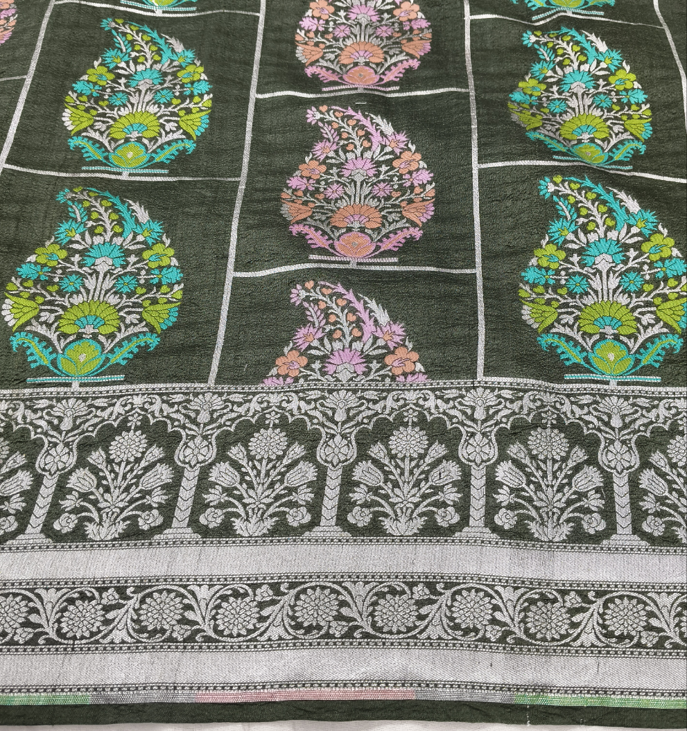 Olive green pure tusser georgette handloom banarasi saree