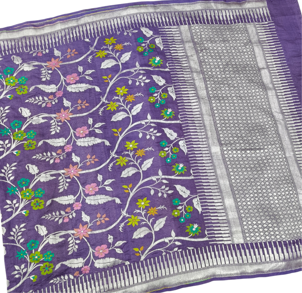 Lavender pure tusser georgette handloom banarasi saree