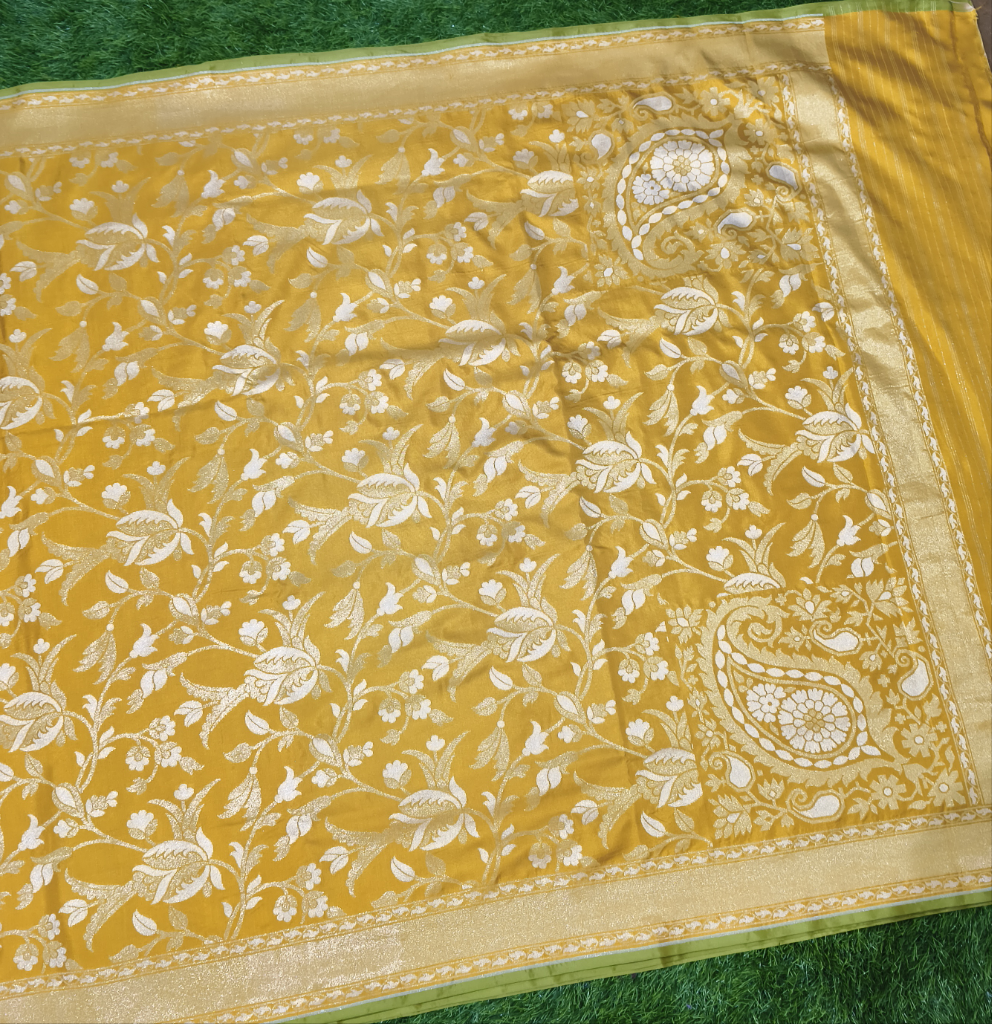 Mustard pure katan silk ektara jamdani cutwork jaal banarasi saree
