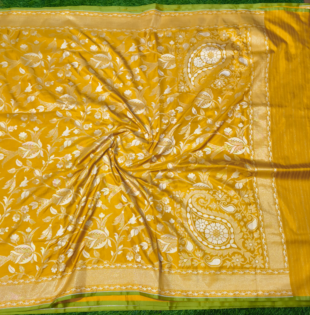Mustard pure katan silk ektara jamdani cutwork jaal banarasi saree