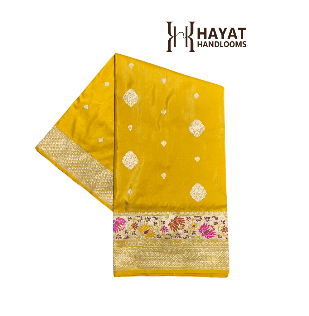 Mustard pure katan silk handvowen banarasi saree
