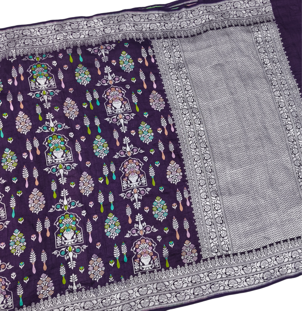 Purple pure tusser georgette handloom banarasi saree