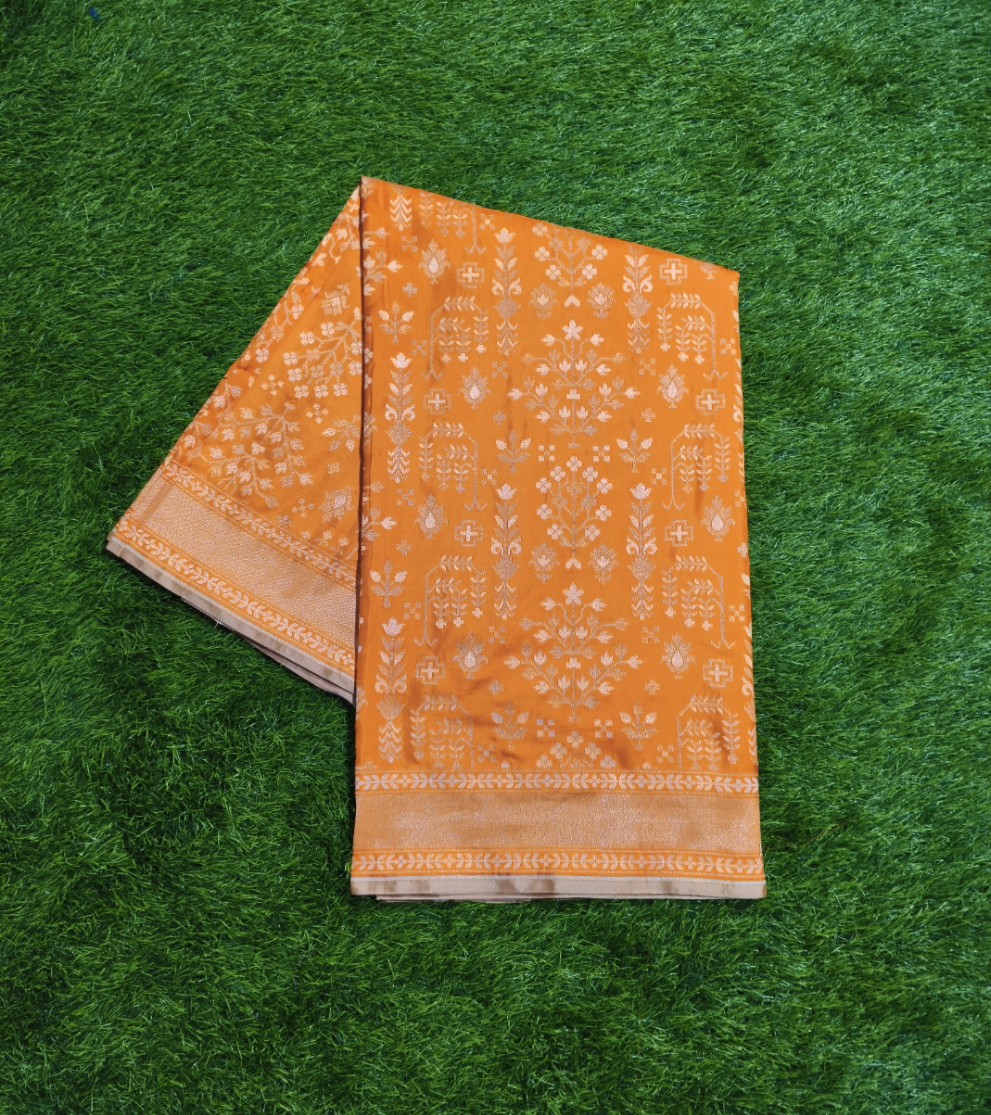 Orange pure katan silk ektara jamdani cutwork jaal banarasi saree