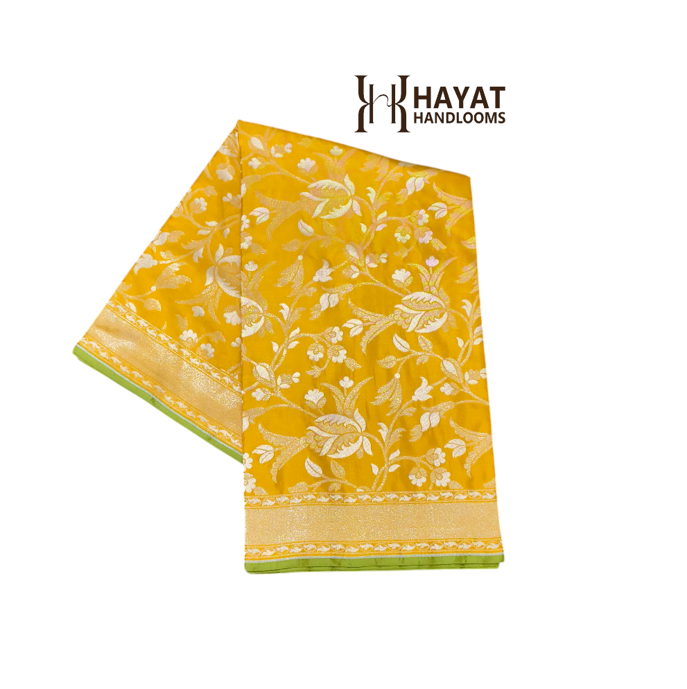 Mustard pure katan silk ektara jamdani cutwork jaal banarasi saree