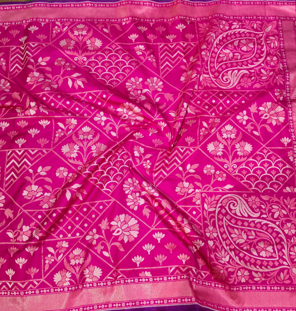 Dark pink pure katan silk ektara jamdani cutwork jaal banarasi saree