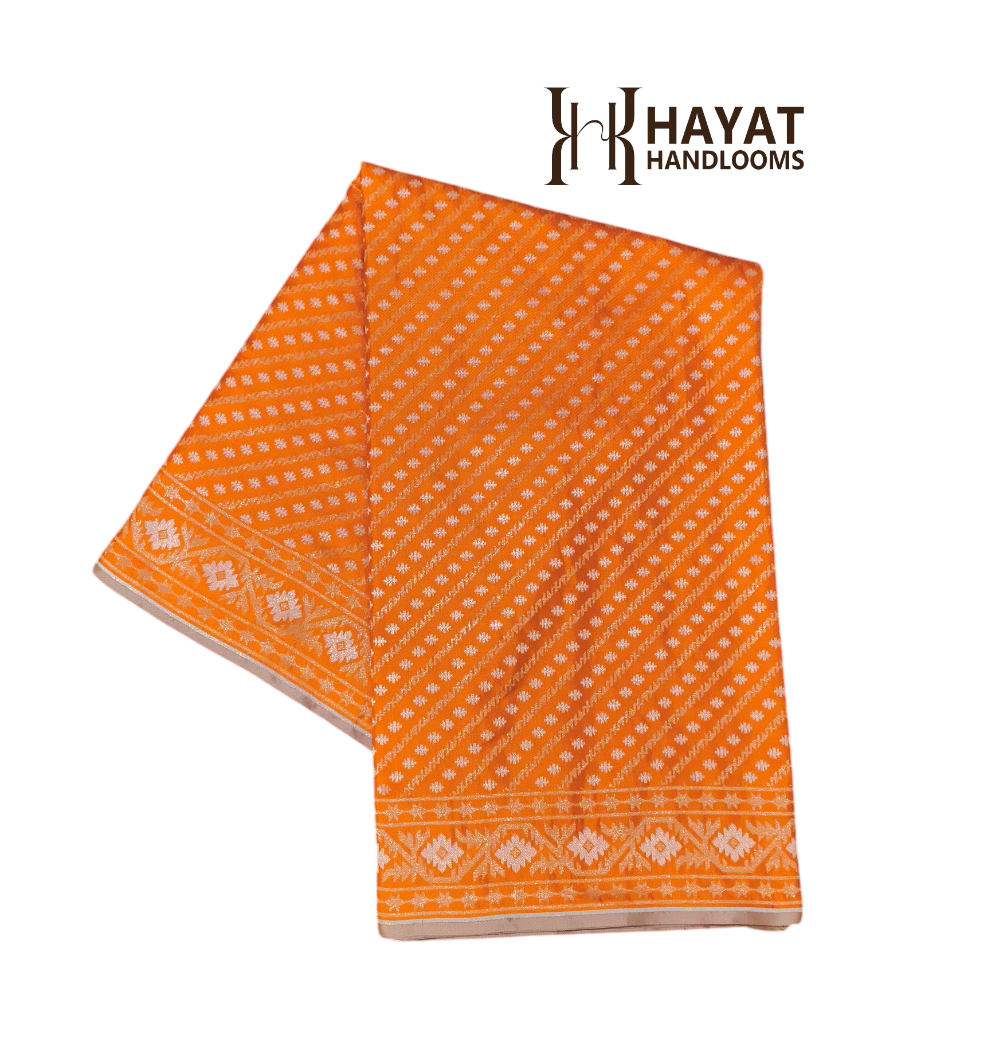Orange pure katan silk ektara jamdani cutwork jaal banarasi saree