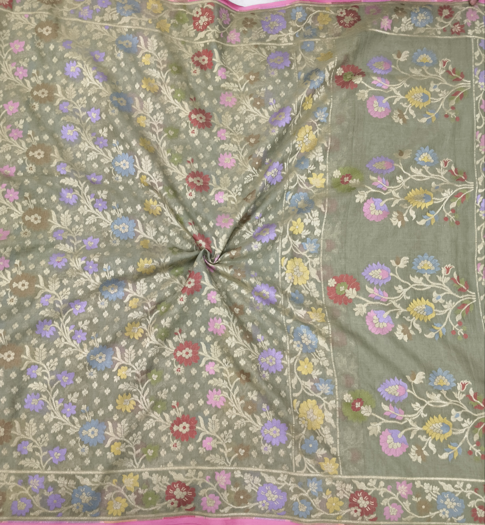 Olive pure cotton jamdani cutwork jaal banarasi saree