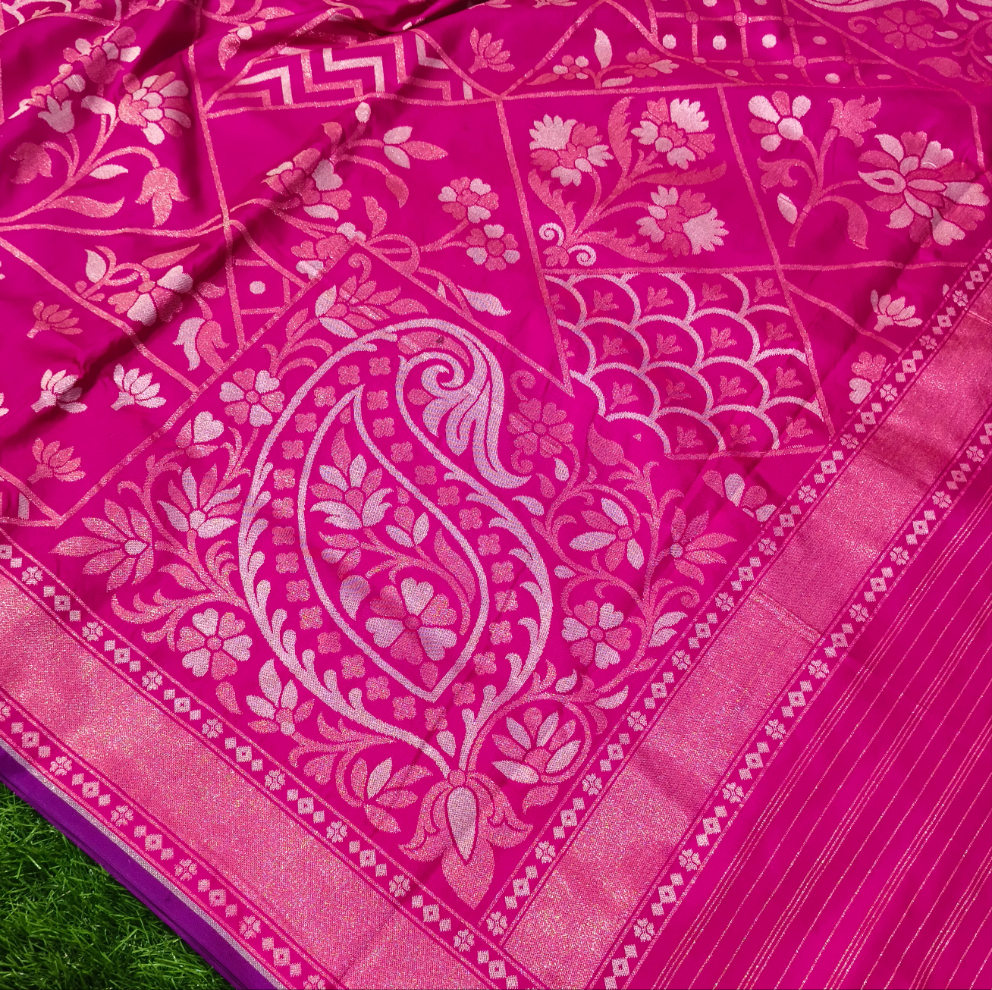 Dark pink pure katan silk ektara jamdani cutwork jaal banarasi saree