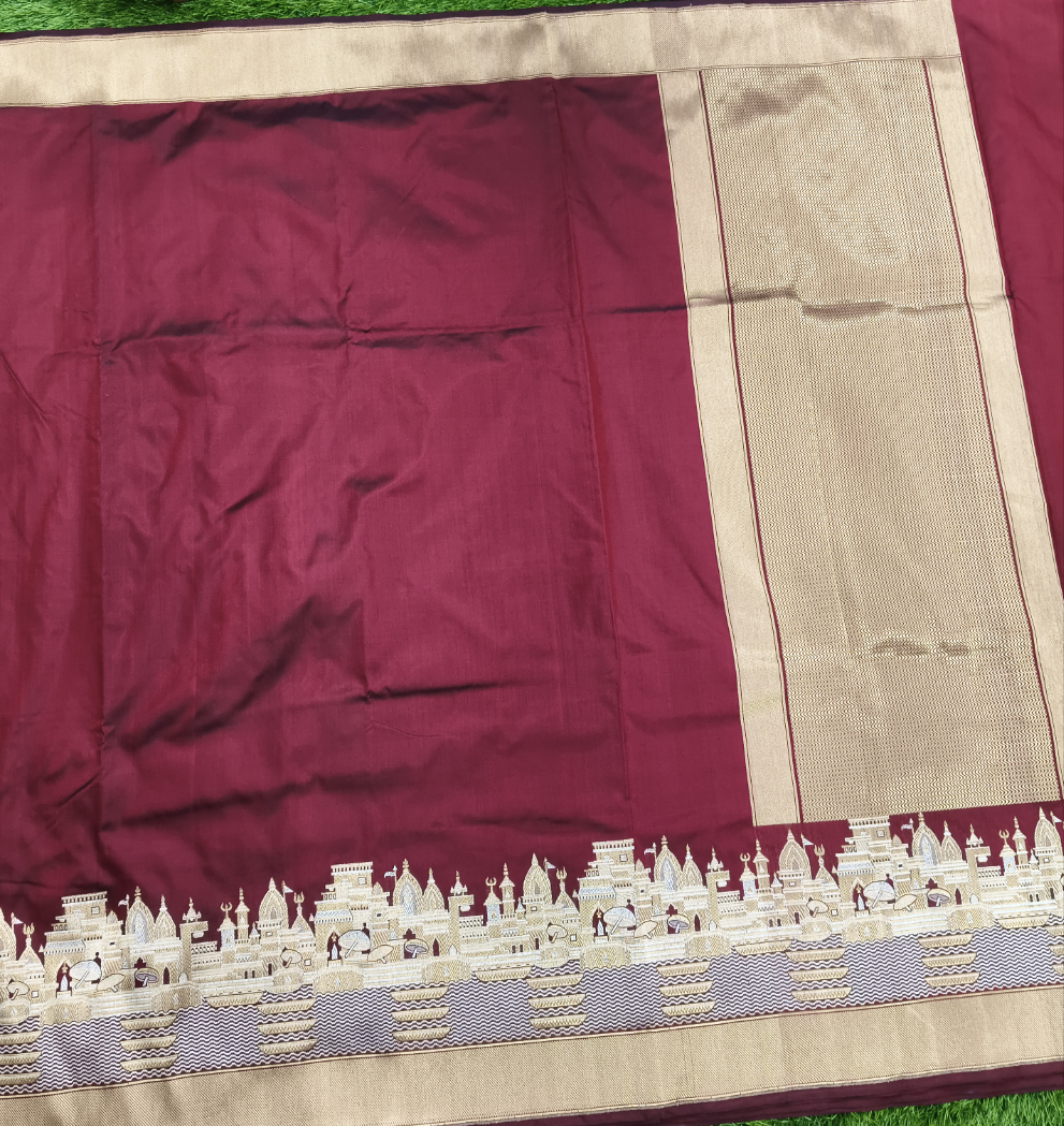 Maroon pure katan silk handvowen banarasi saree