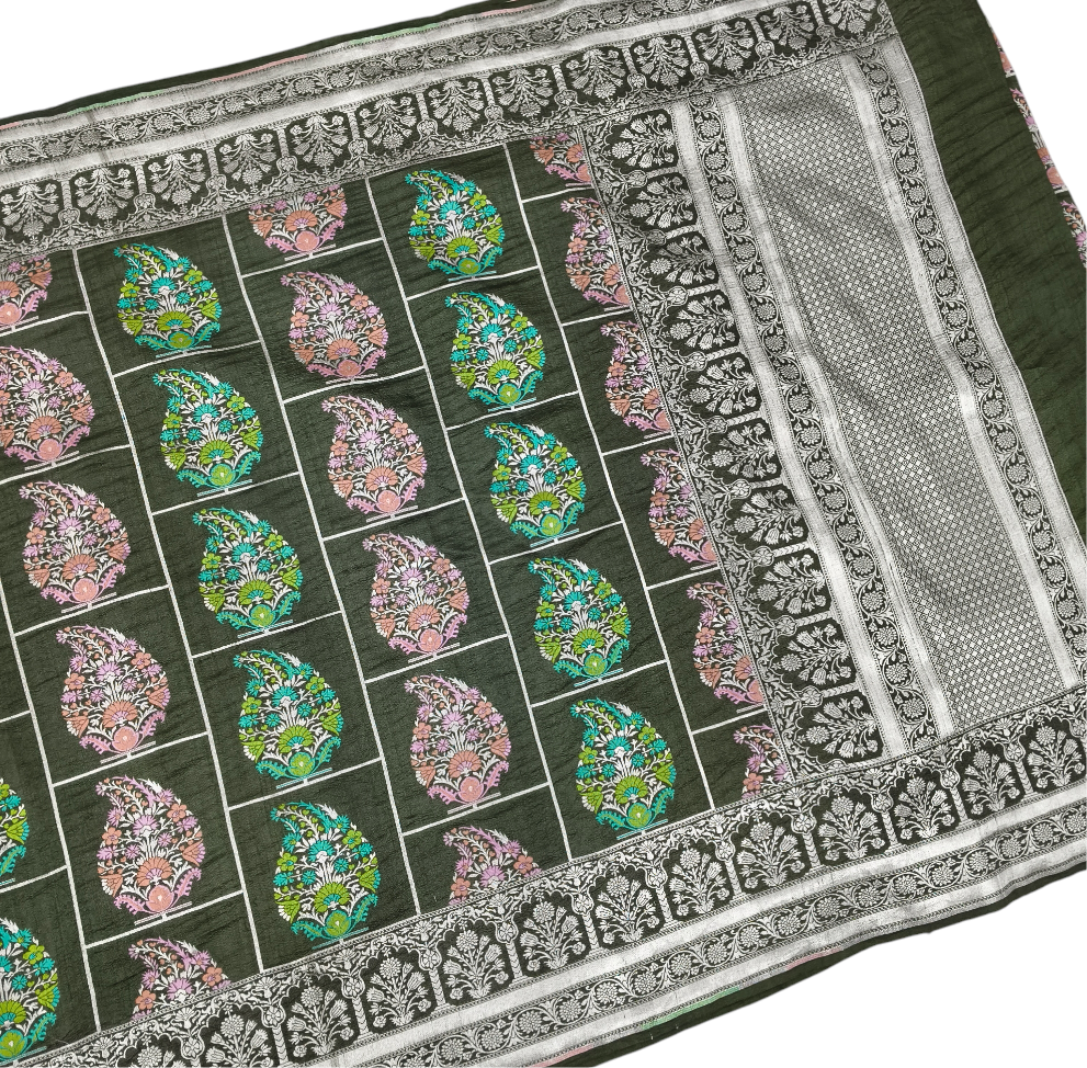 Olive green pure tusser georgette handloom banarasi saree