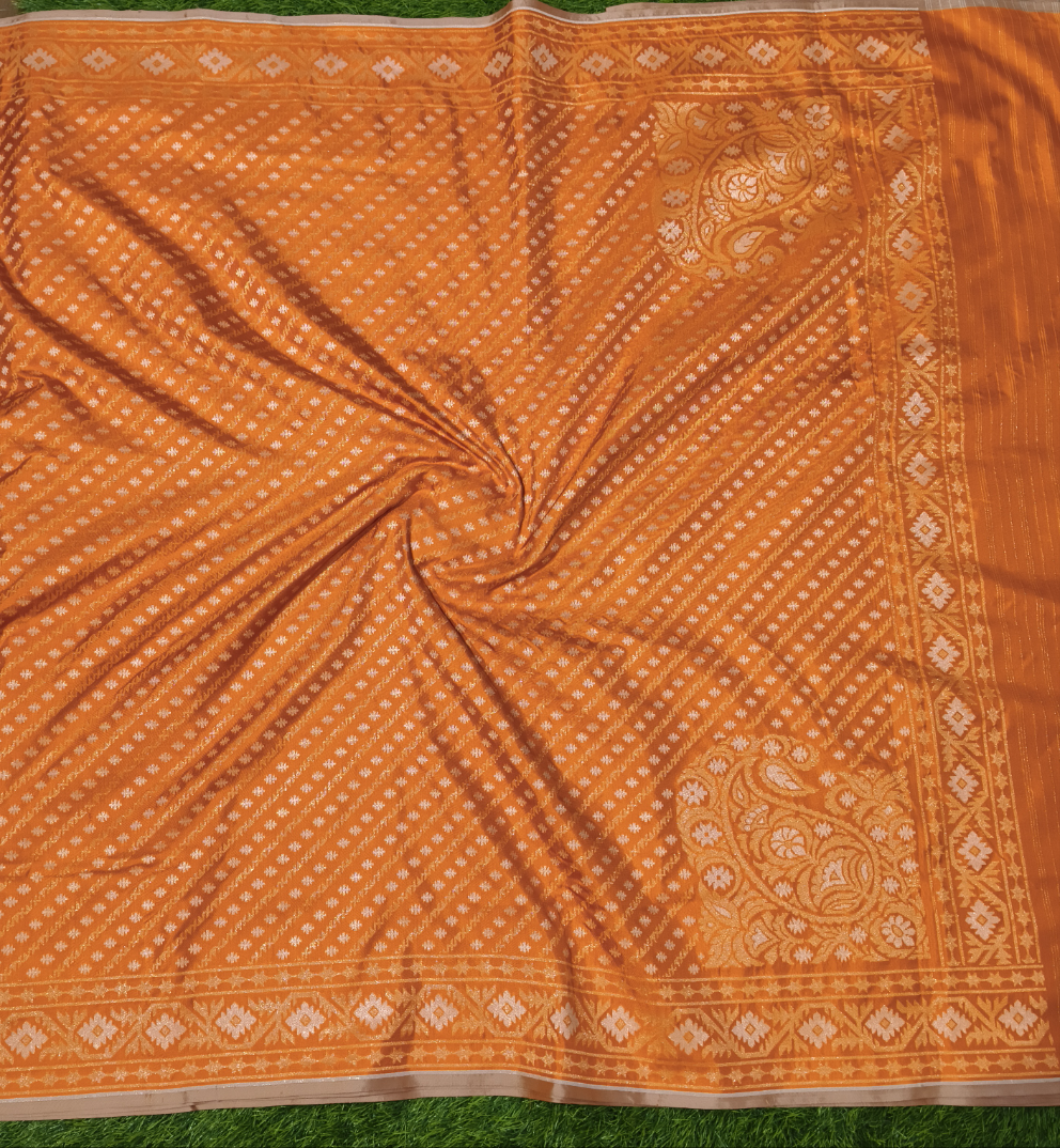 Orange pure katan silk ektara jamdani cutwork jaal banarasi saree