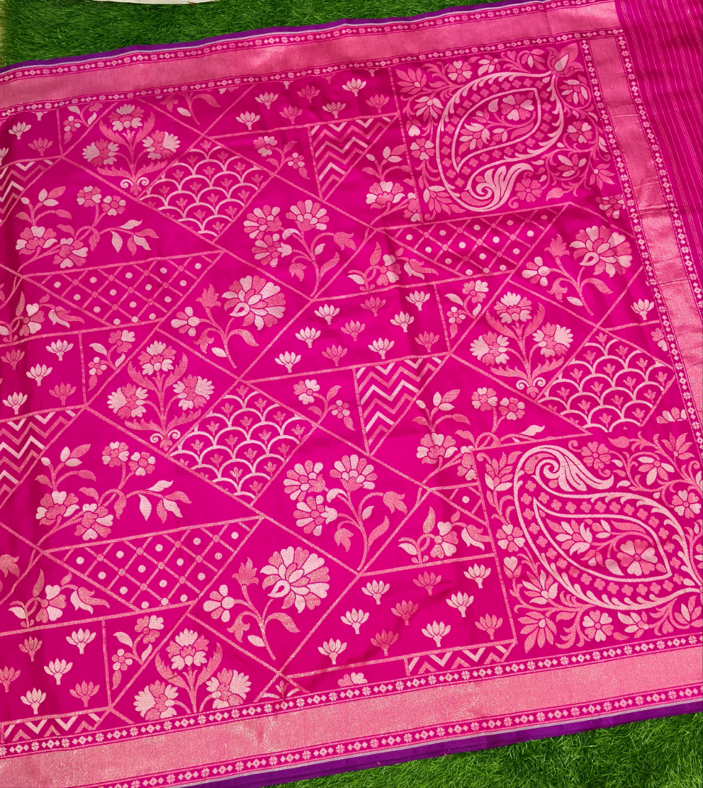 Dark pink pure katan silk ektara jamdani cutwork jaal banarasi saree