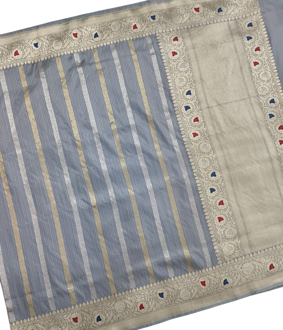 Grey pure katan silk handvowen banarasi saree