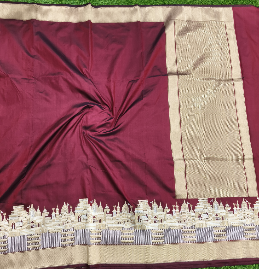 Maroon pure katan silk handvowen banarasi saree