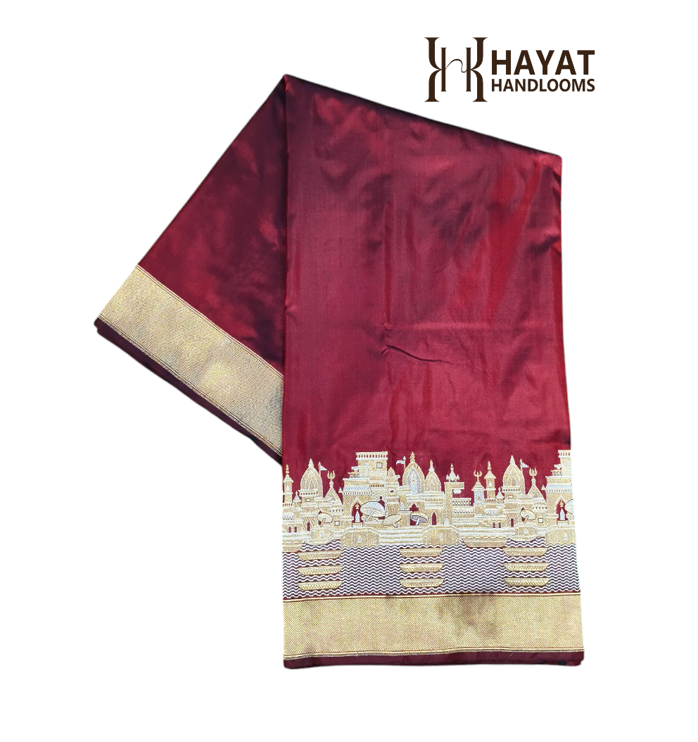 Maroon pure katan silk handvowen banarasi saree