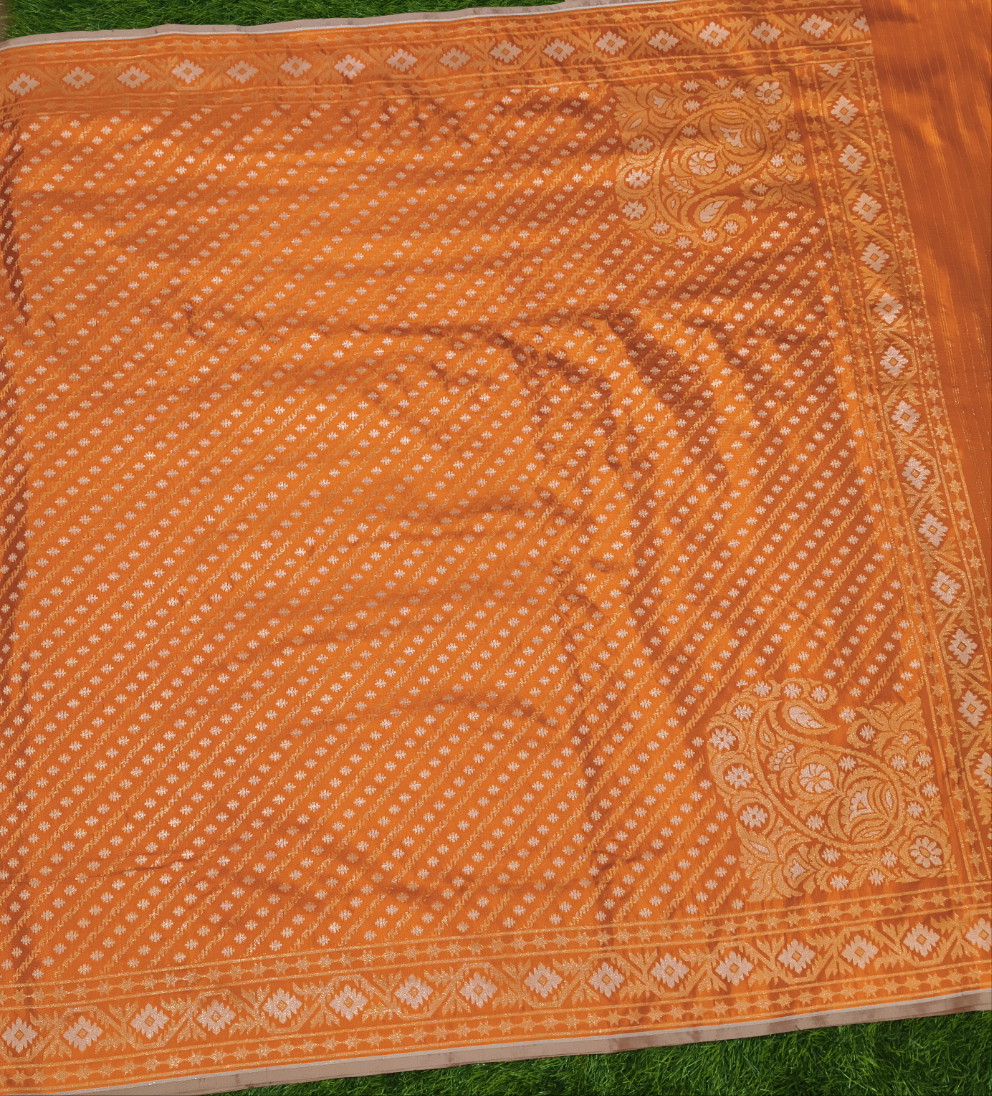 Orange pure katan silk ektara jamdani cutwork jaal banarasi saree