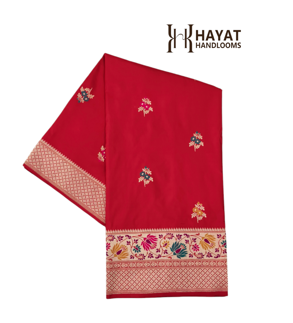 Red pure katan silk handvowen banarasi saree