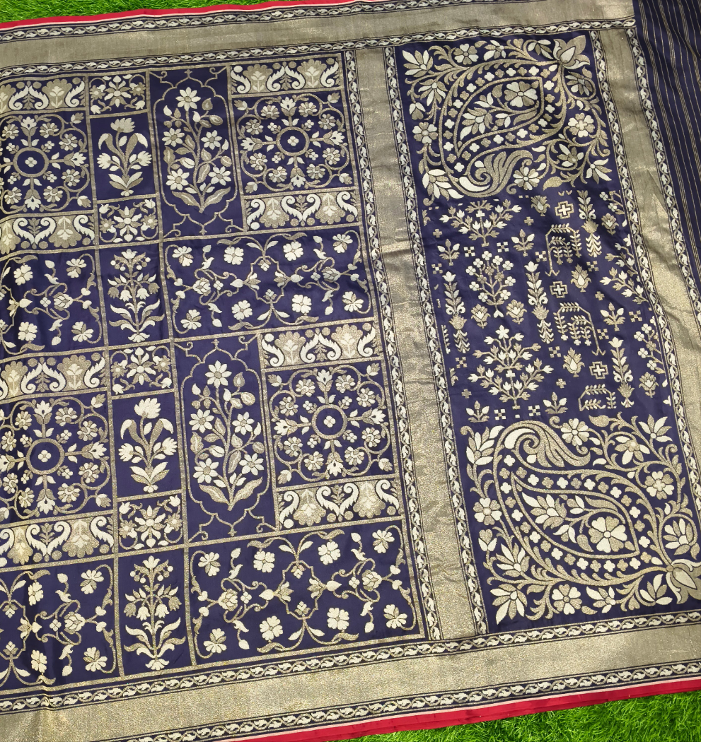 Navy blue pure katan silk ektara jamdani cutwork jaal banarasi saree