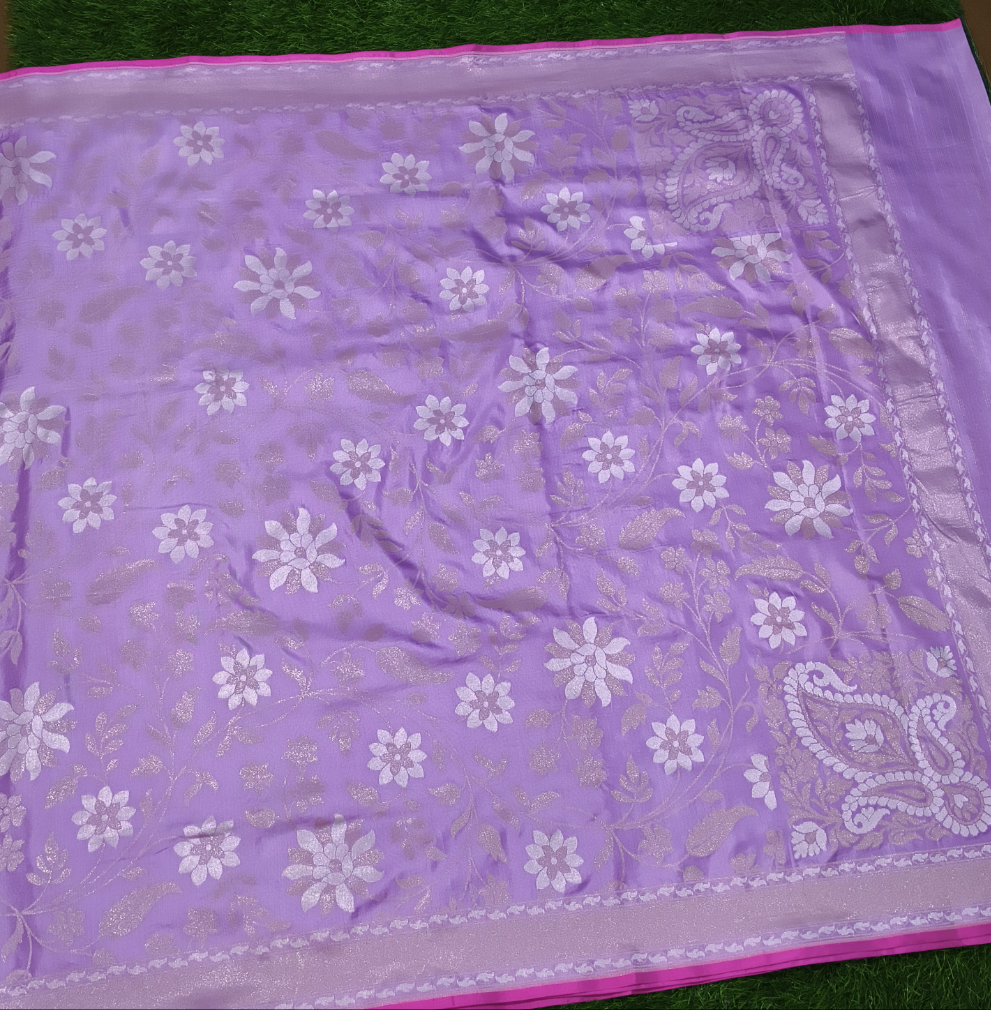 Lavender pure katan silk ektara jamdani cutwork jaal banarasi saree