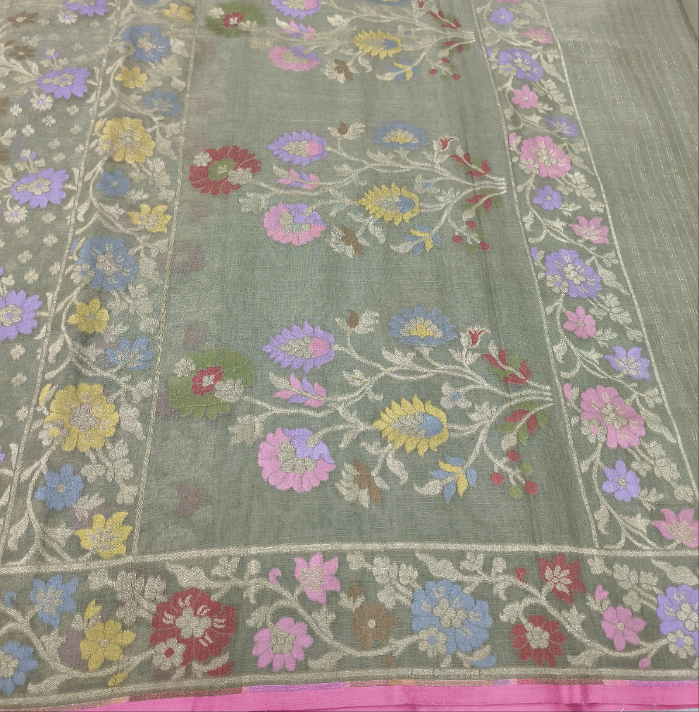 Olive pure cotton jamdani cutwork jaal banarasi saree