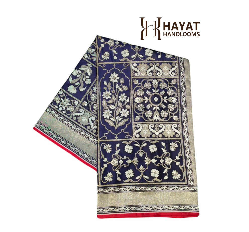 Navy blue pure katan silk ektara jamdani cutwork jaal banarasi saree