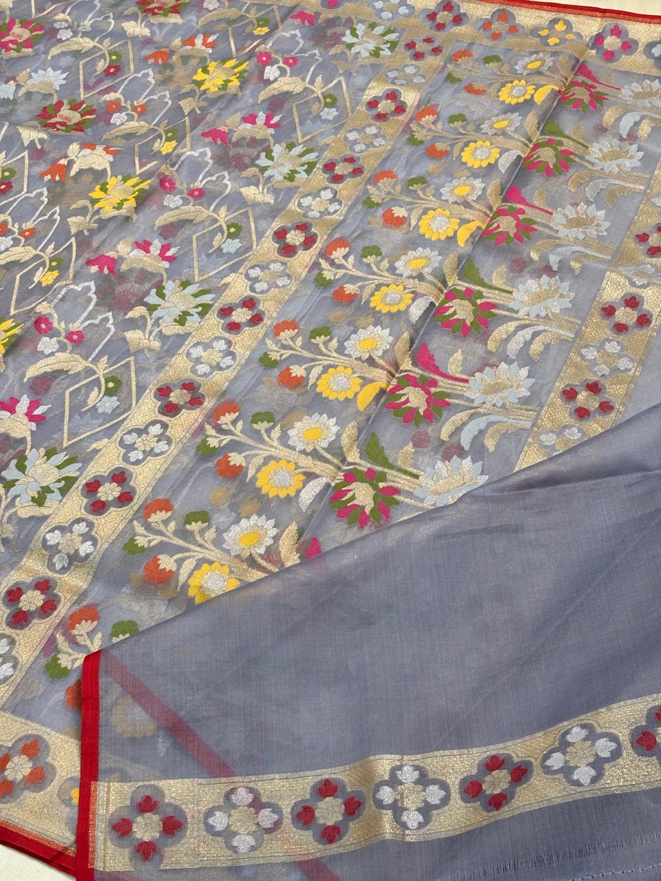 Ash Grey Banarasi Kora Jamdani Silk Handwoven Saree