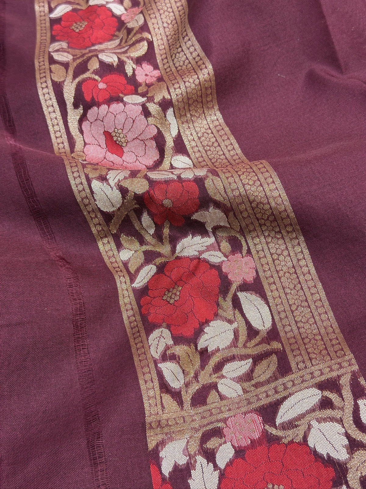 Wine Banarasi Kora Jamdani Silk Handwoven Saree