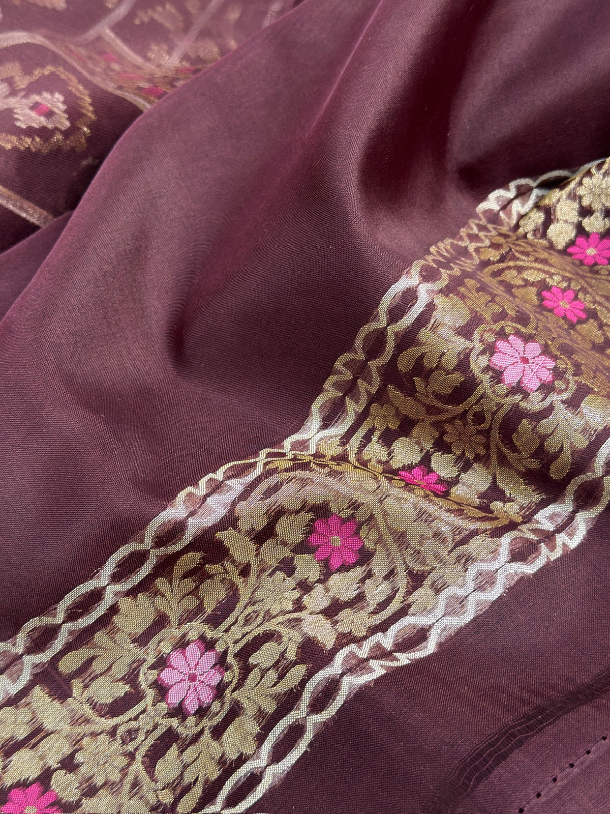 Wine Banarasi Kora Jamdani Silk Handwoven saree