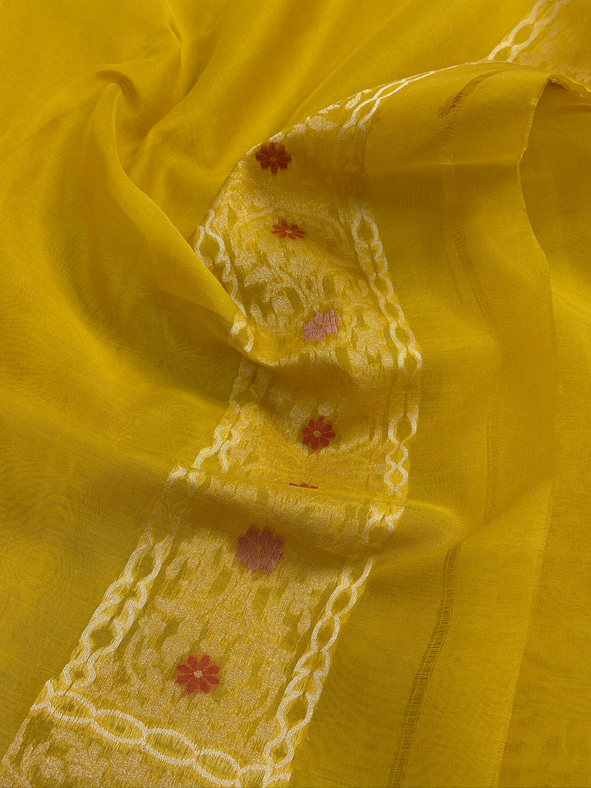 Musterd Yellow Banarasi Kora Jamdani Silk Handwoven saree