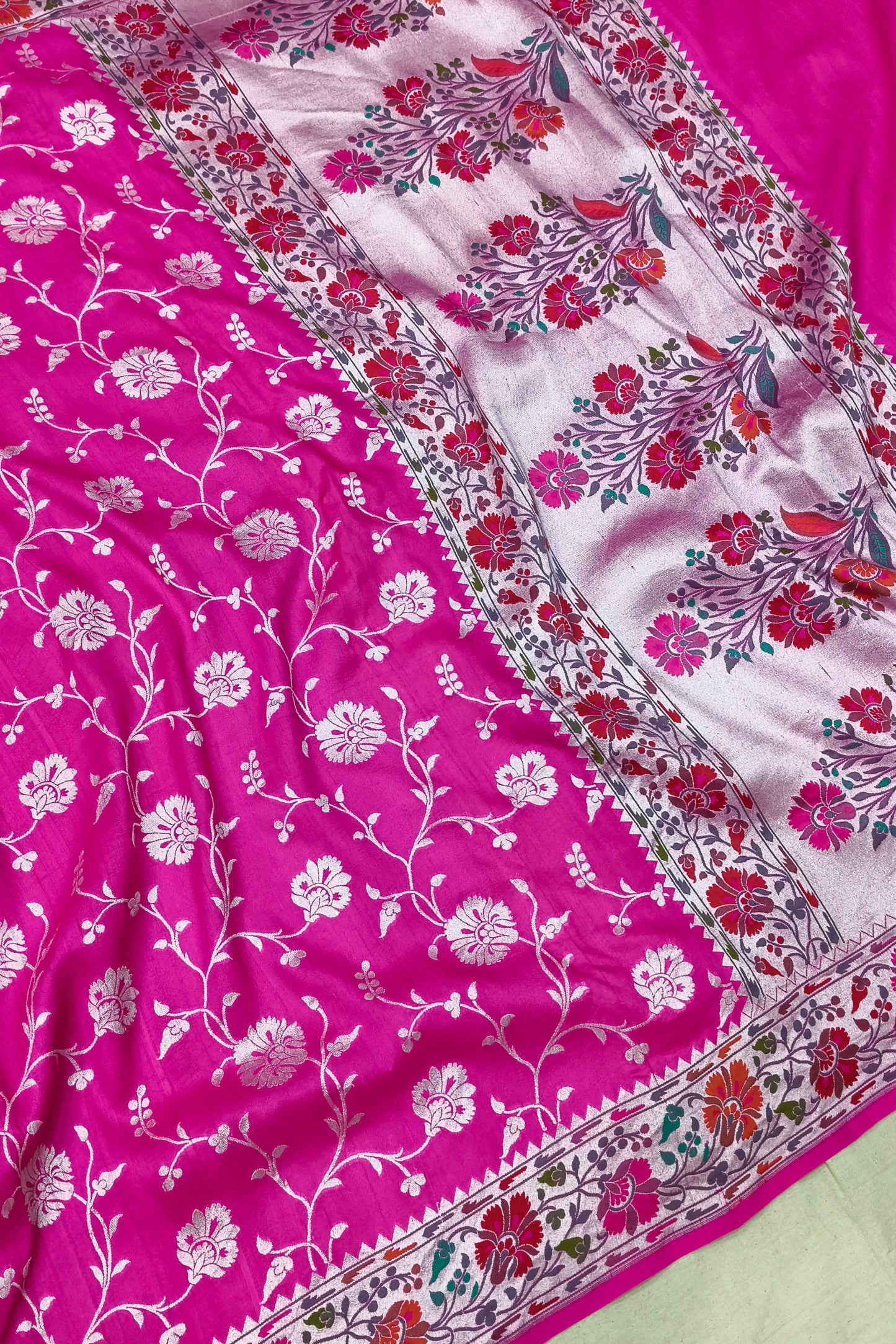 Fuchsia Megenta Pure Tussar georgette Banarasi Saree