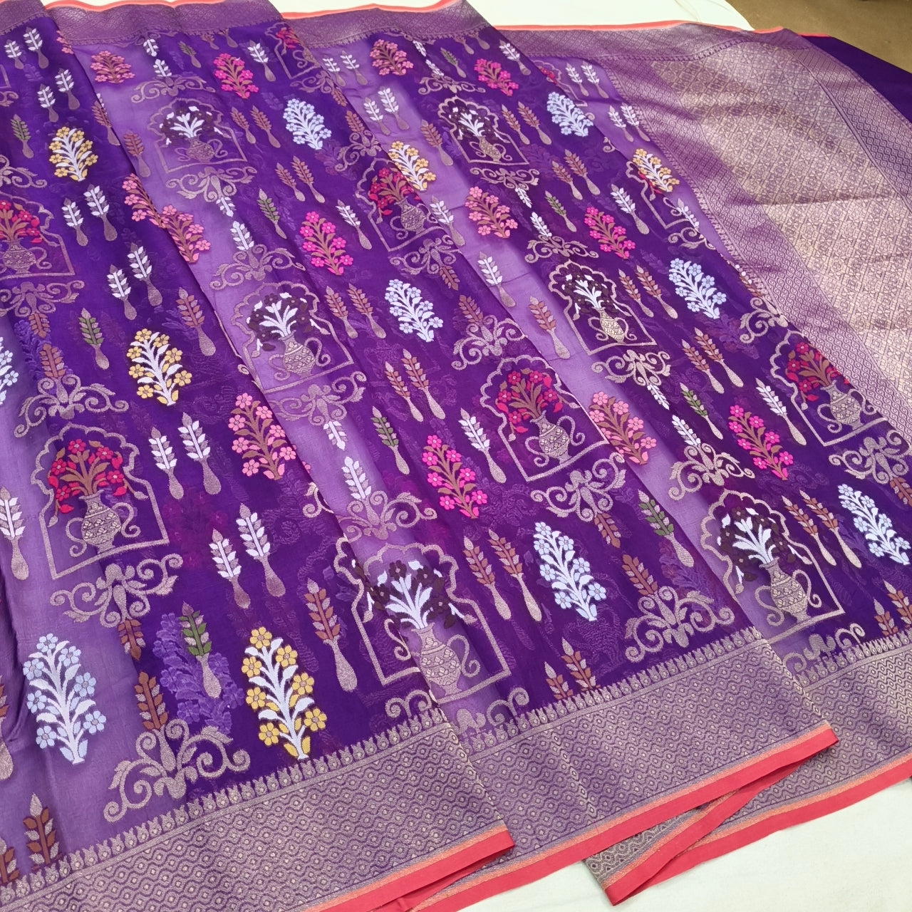Pure Kora Silk Ektara Tilfi Cutwork Jamdani Banarasi Saree
