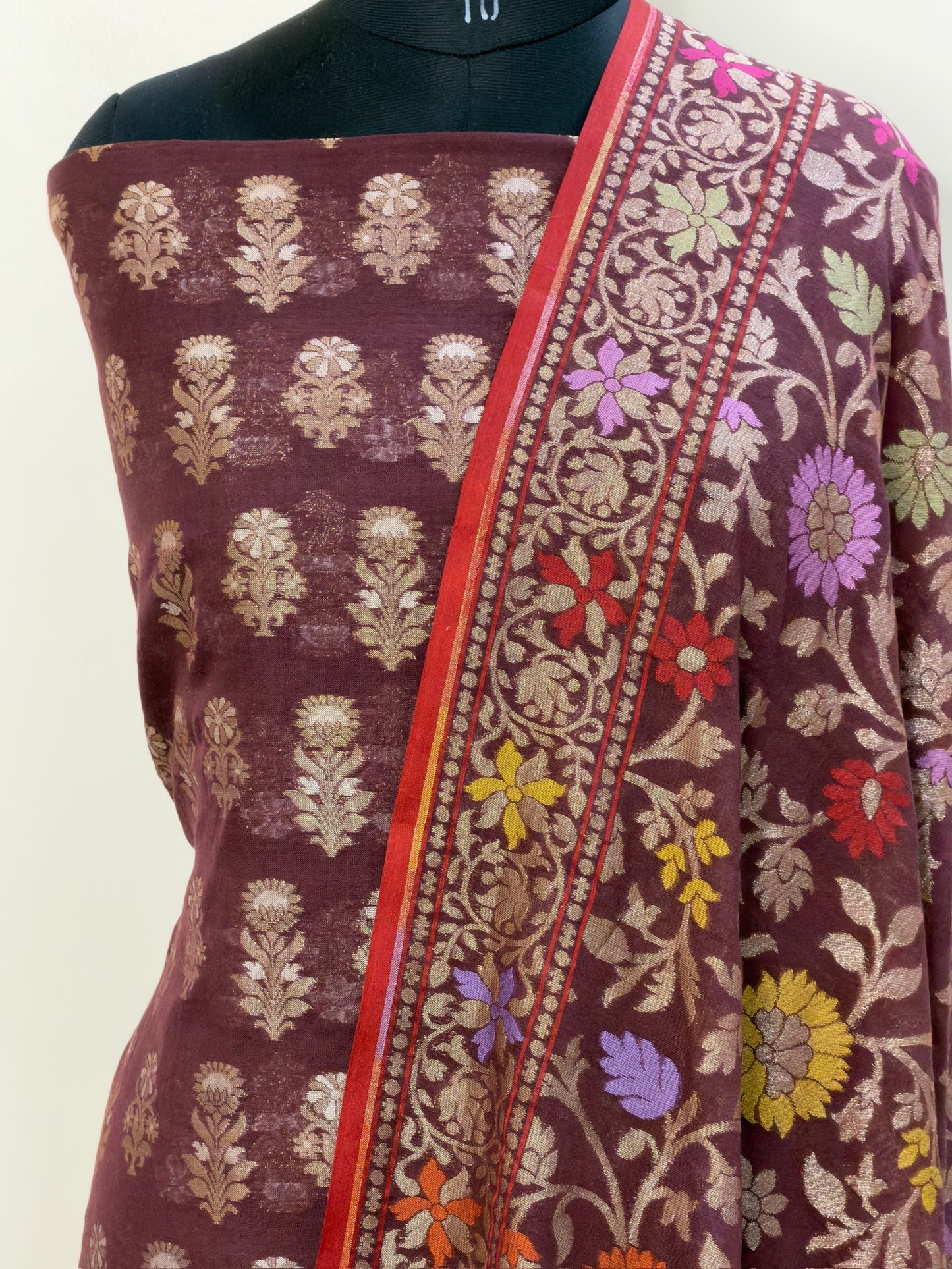 Brown Pure Cotton Jamdani Silk Suit Set with Dupatta