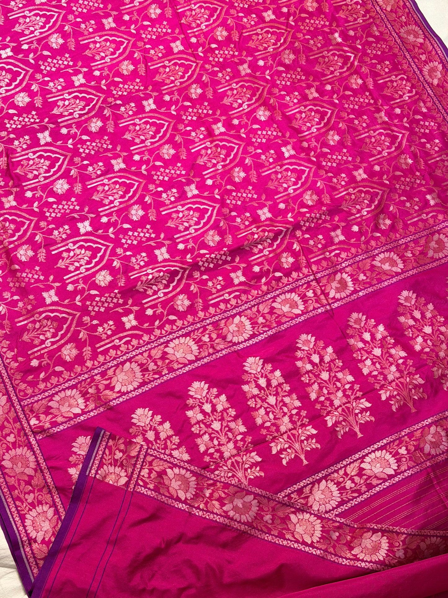 Rani Pink Pure Banarasi Ektara Jamdani Silk Handwoven Saree