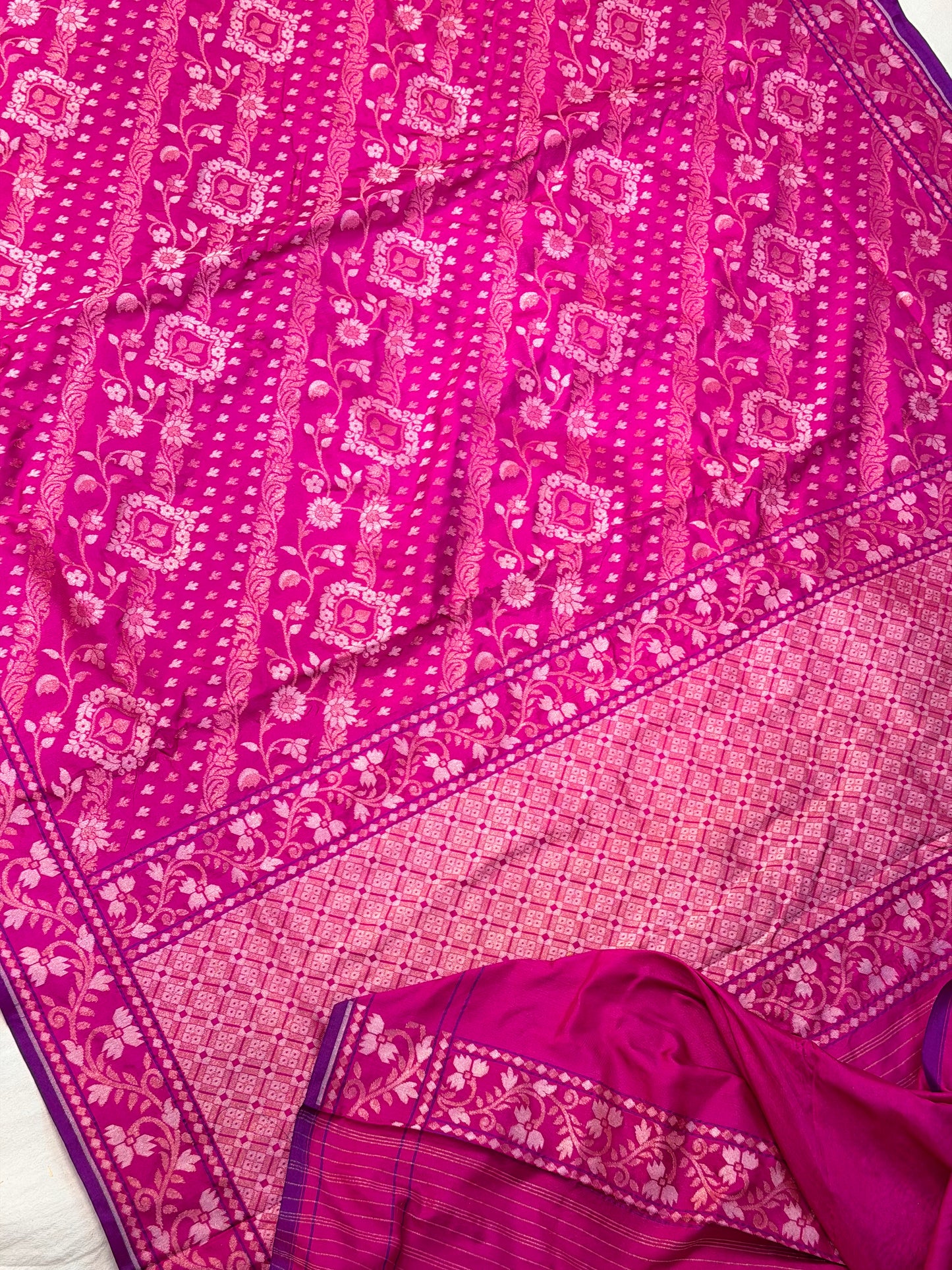 Rani Pink Pure Banarasi Ektara Jamdani Silk Handwoven Saree