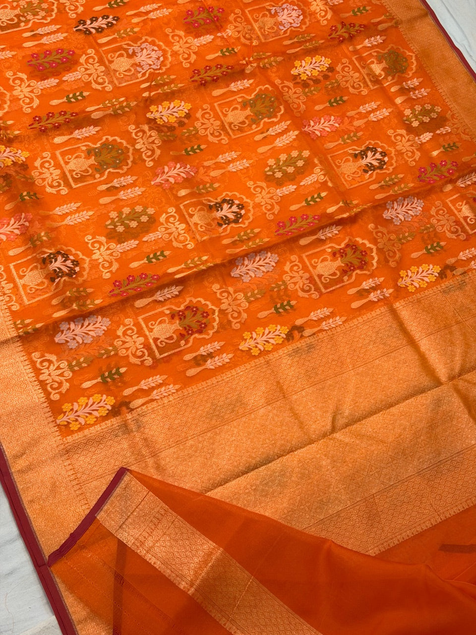 Orange Banarasi Kora Jamdani Silk Handwoven Saree