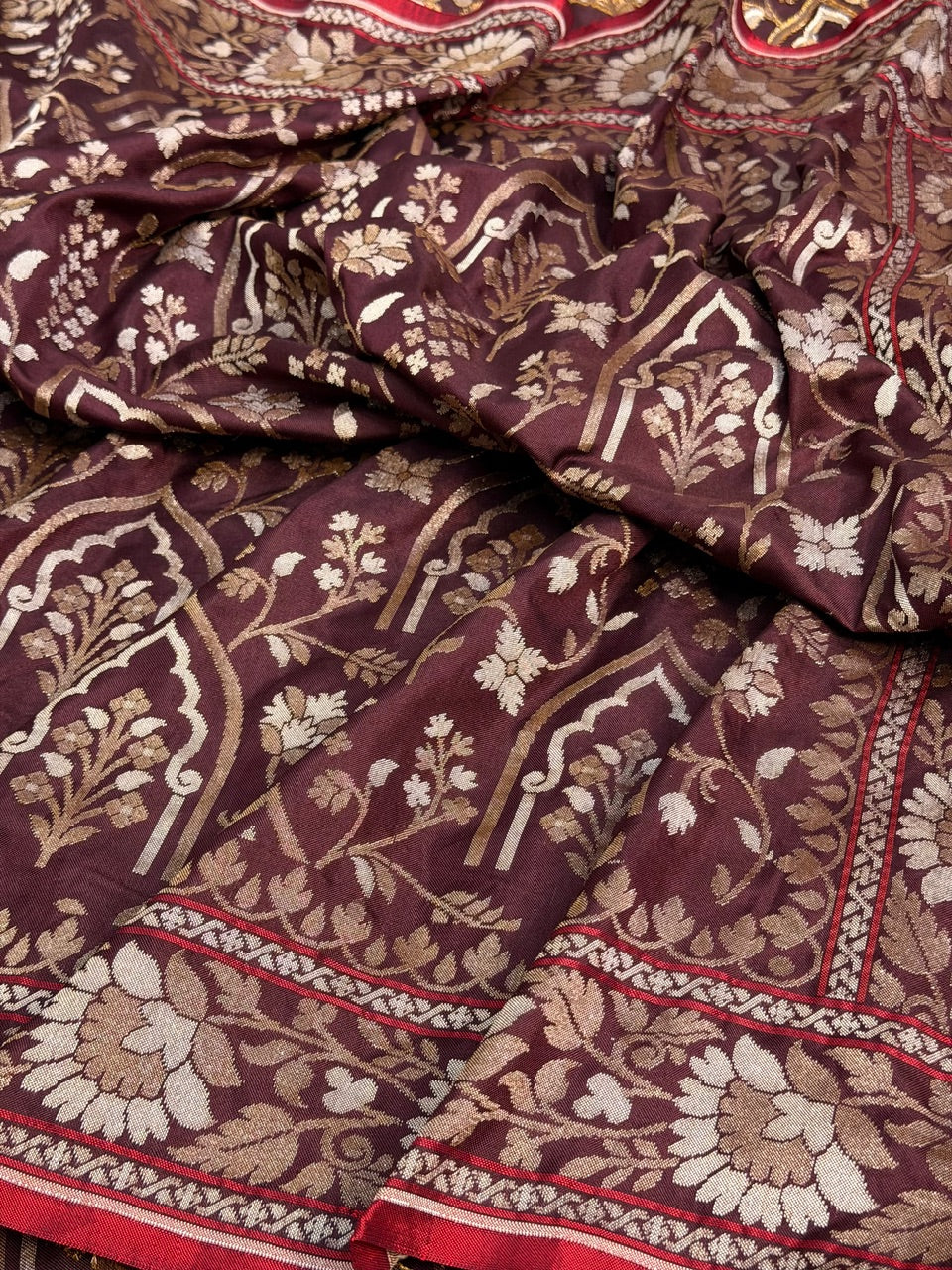 Burgundy with Beige Pure Banarasi Ektara Jamdani Silk Handwoven Saree