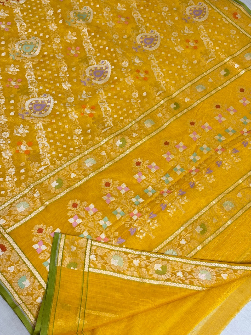 Yellow Banarasi cotton Jamdani handloom Saree