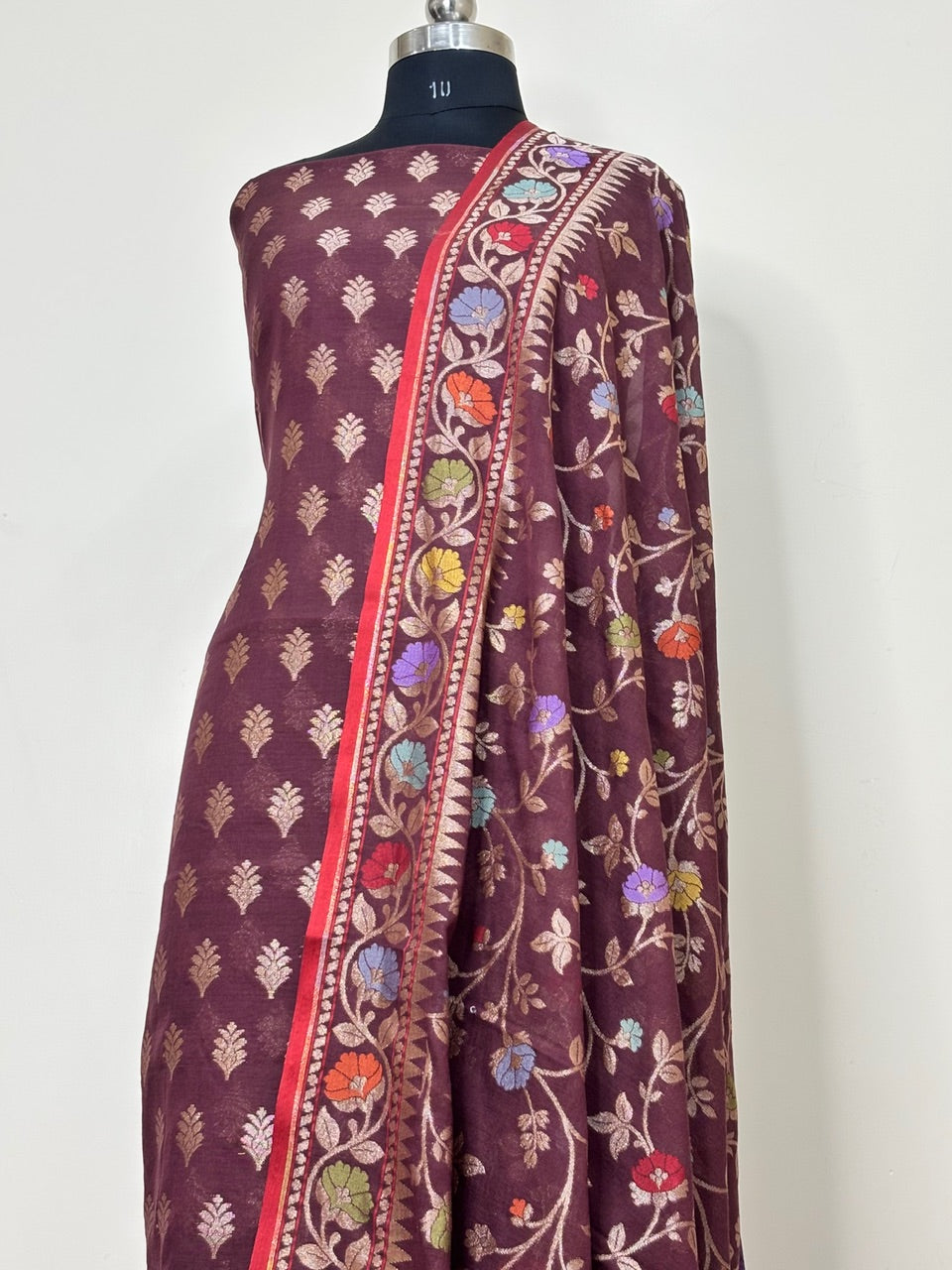 Brown Pure Cotton Jmdani Silk Suit Set with Dupatta