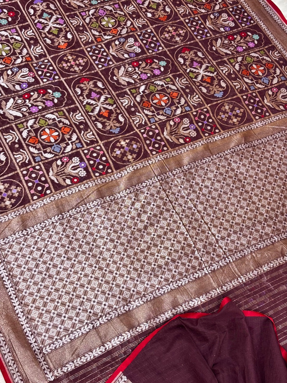 Brown Banarasi cotton Jamdani handloom Saree